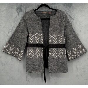 Heather B Sweater Women Size M Gray Wool Tie Front Boho Bell Sleeve Cardigan